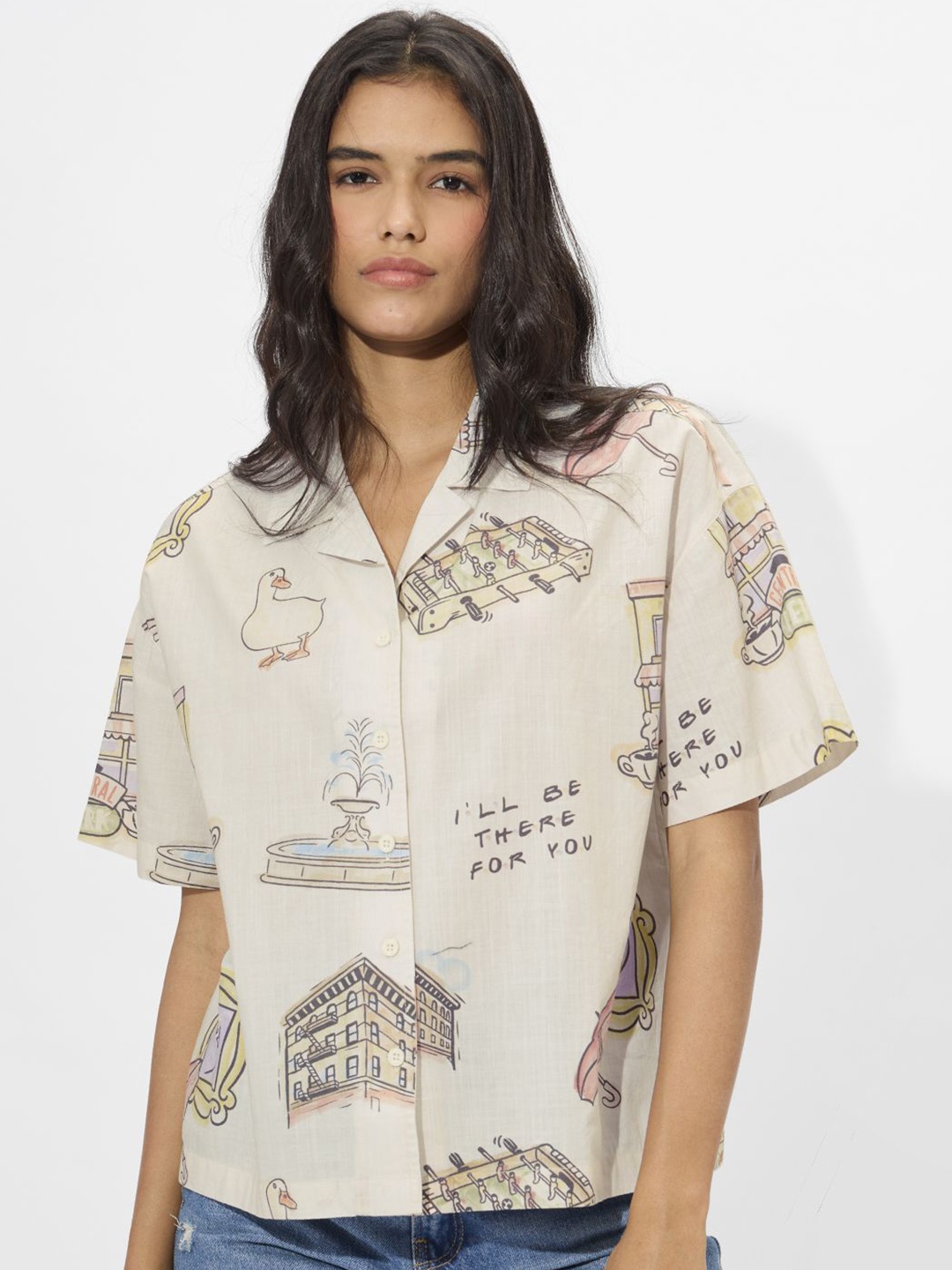 

The Souled Store Women Cuban Collar Graphic Printed Cotton Casual Shirt, White