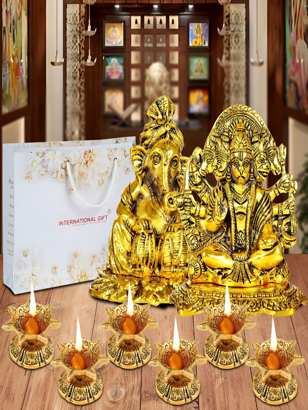 

INTERNATIONAL GIFT Gold-Toned 10 Pieces Religious Idol Showpiece With Diyas & Box