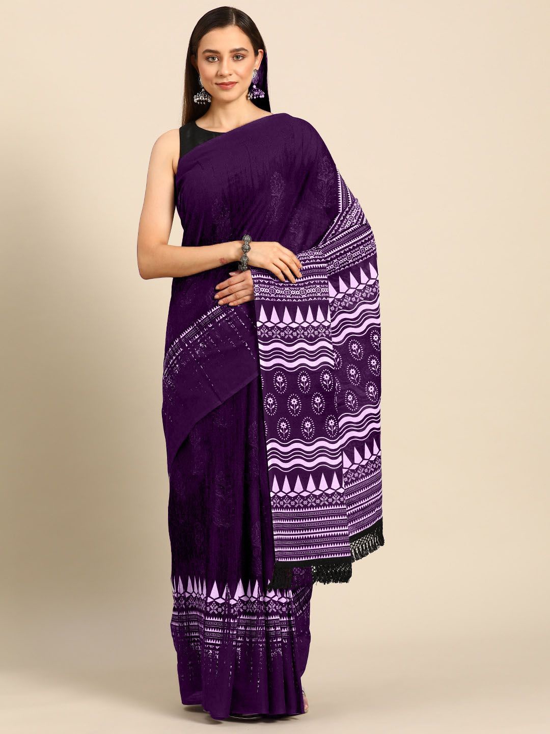 

BUTA BUTI Ethnic Motifs Printed Pure Cotton Saree, Violet