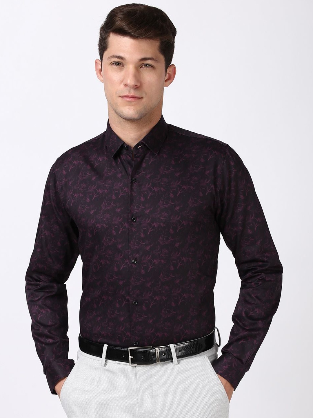 

Peter England Men Spread Collar Abstract Printed Cotton Slim Fit Formal Shirt, Purple