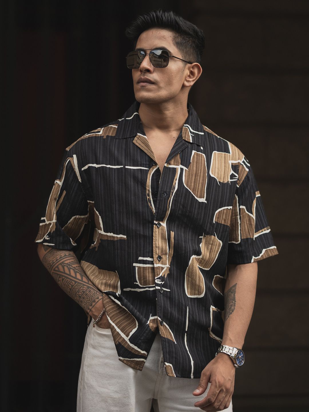 

Powerlook Men Cuban Collar Abstract Printed Oversized Casual Shirt, Black