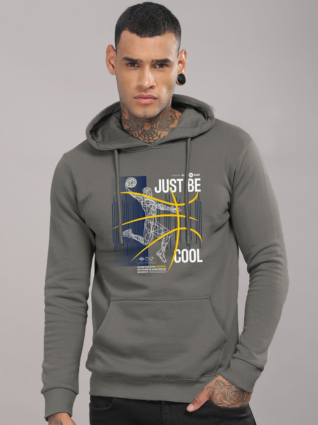 

ADRO Men Printed Hooded Pullover Sweatshirt, Grey