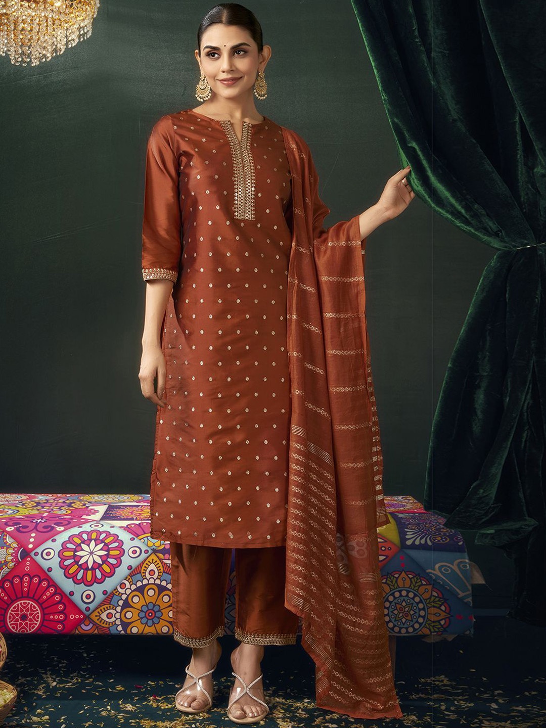 

SKYLEE Rust Floral Embroidered Zari Straight Kurta With Trousers & Dupatta
