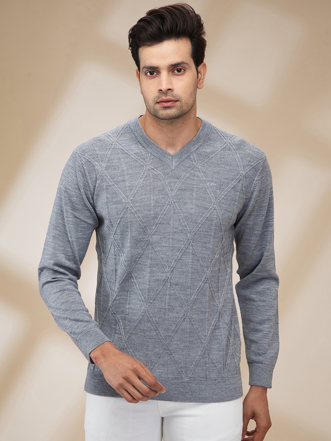 

ColorPlus Men Self Design Long Sleeves Pullover, Grey
