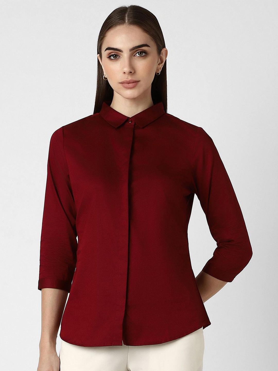 

Van Heusen Woman Spread Collar Solid Cotton Formal Shirt, Maroon