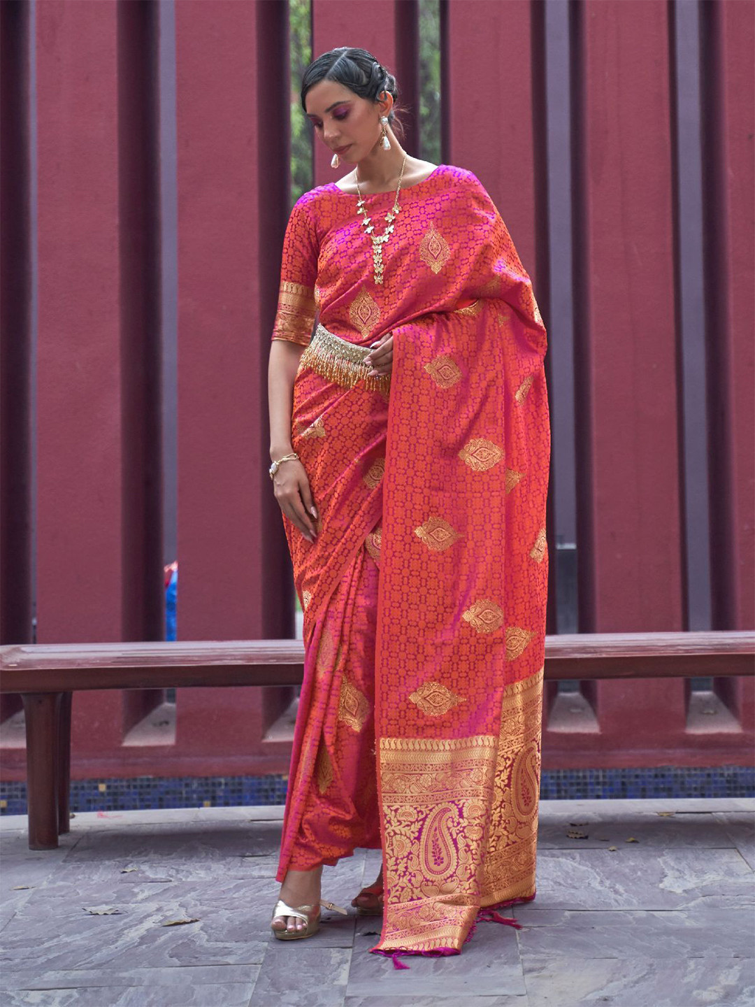 

ODETTE Woven Design Zari Saree, Orange