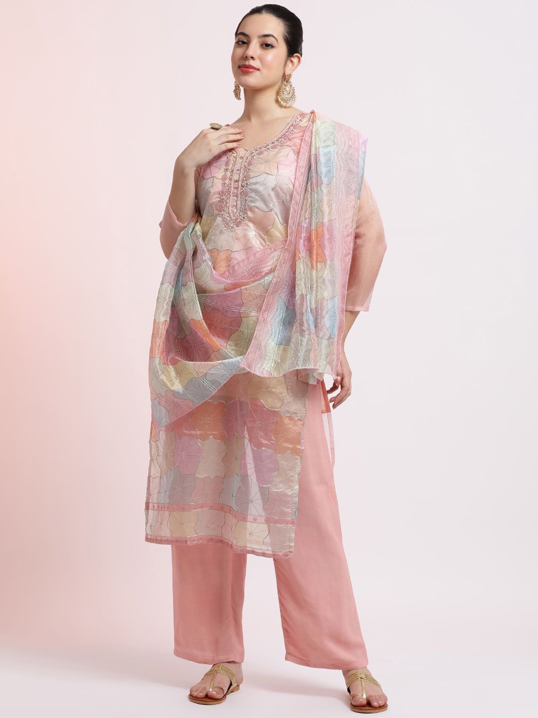 

Jaipur Kurti Floral Embellished Organza Festive Kurta Set With Dupatta, Pink