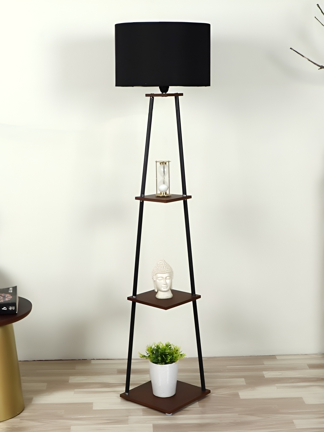 

pristine interiors Giza Black & Maroon 3-Tired Wooden Shelf Floor Lamp, Brown