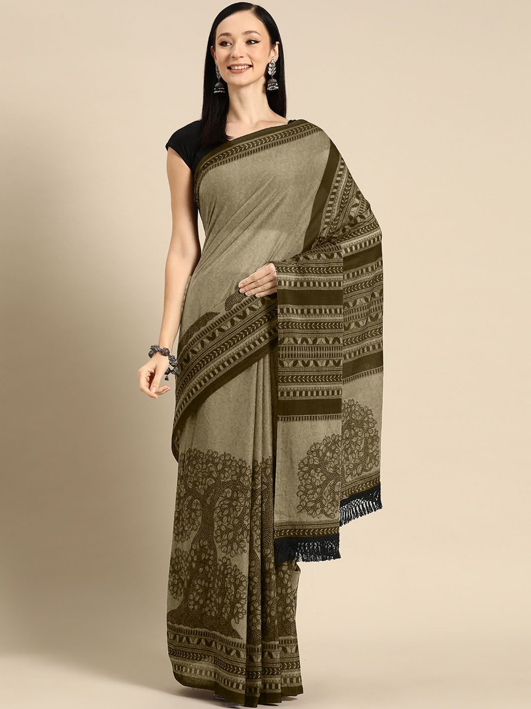 

BUTA BUTI Women Ethnic Motifs Printed Pure Cotton Saree, Olive