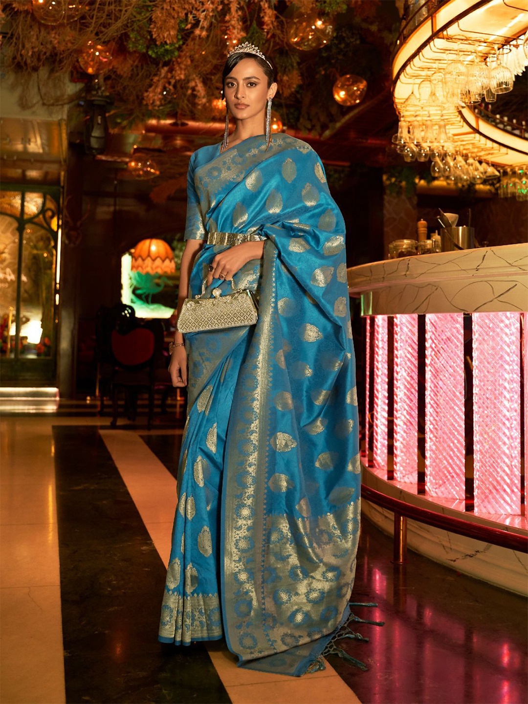 

ODETTE Ethnic Motifs Woven Design Zari Saree, Blue