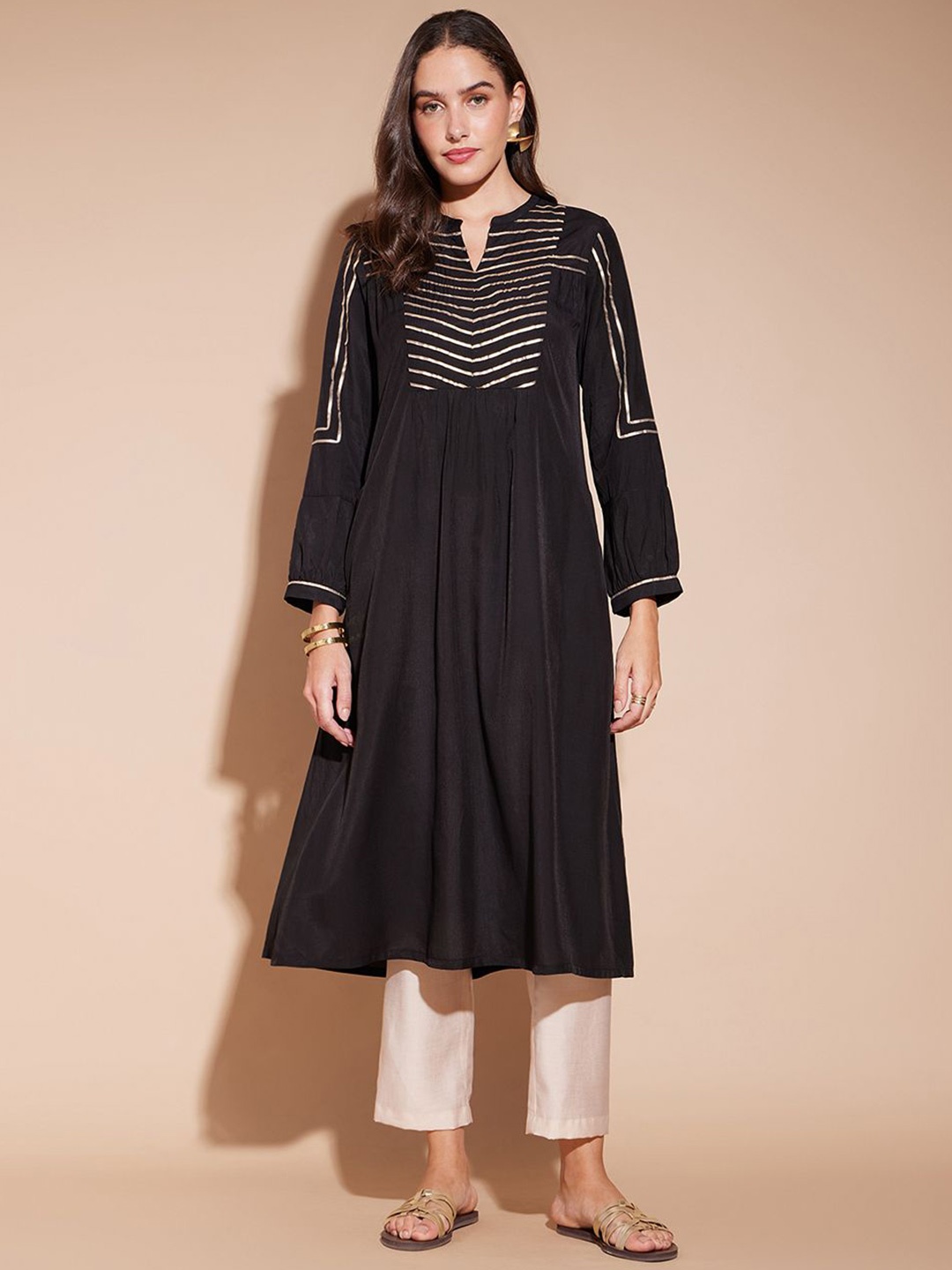 

Pink Fort Striped Yoke Design Gotta Patti Mandarin Collar A-Line Kurta, Black