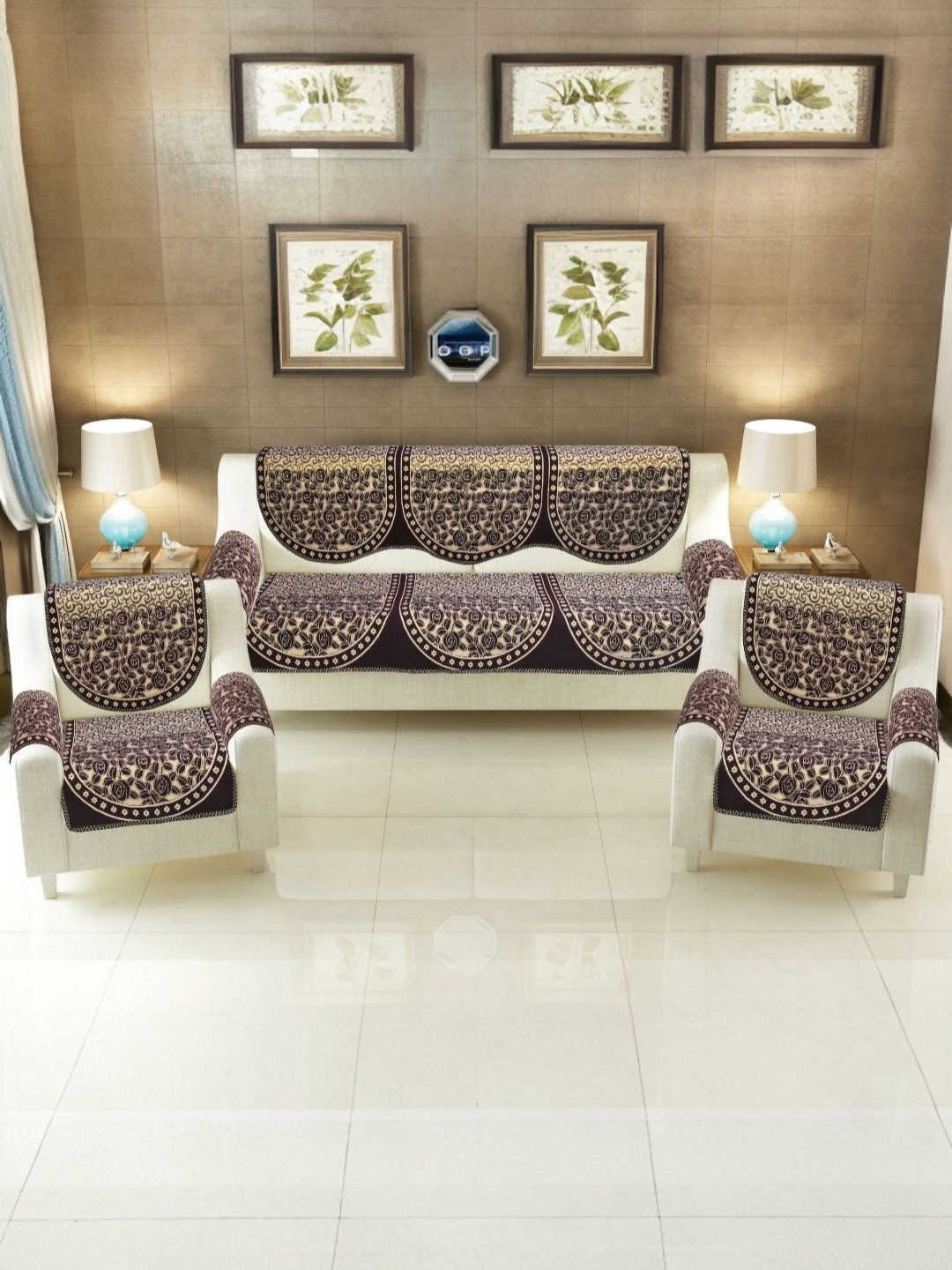 

BIGGER FISH Coffee Brown 16 Pieces Floral Printed Cotton Sofa Cover With Arms Covers