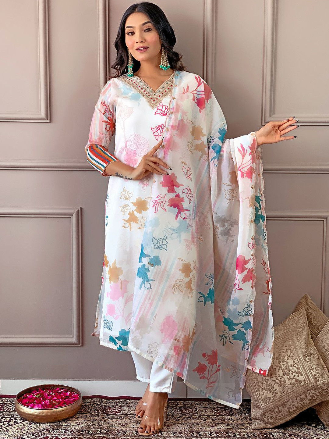 

KALINI Ethnic Motifs Printed Organza Straight Kurta With Trousers & Dupatta, White