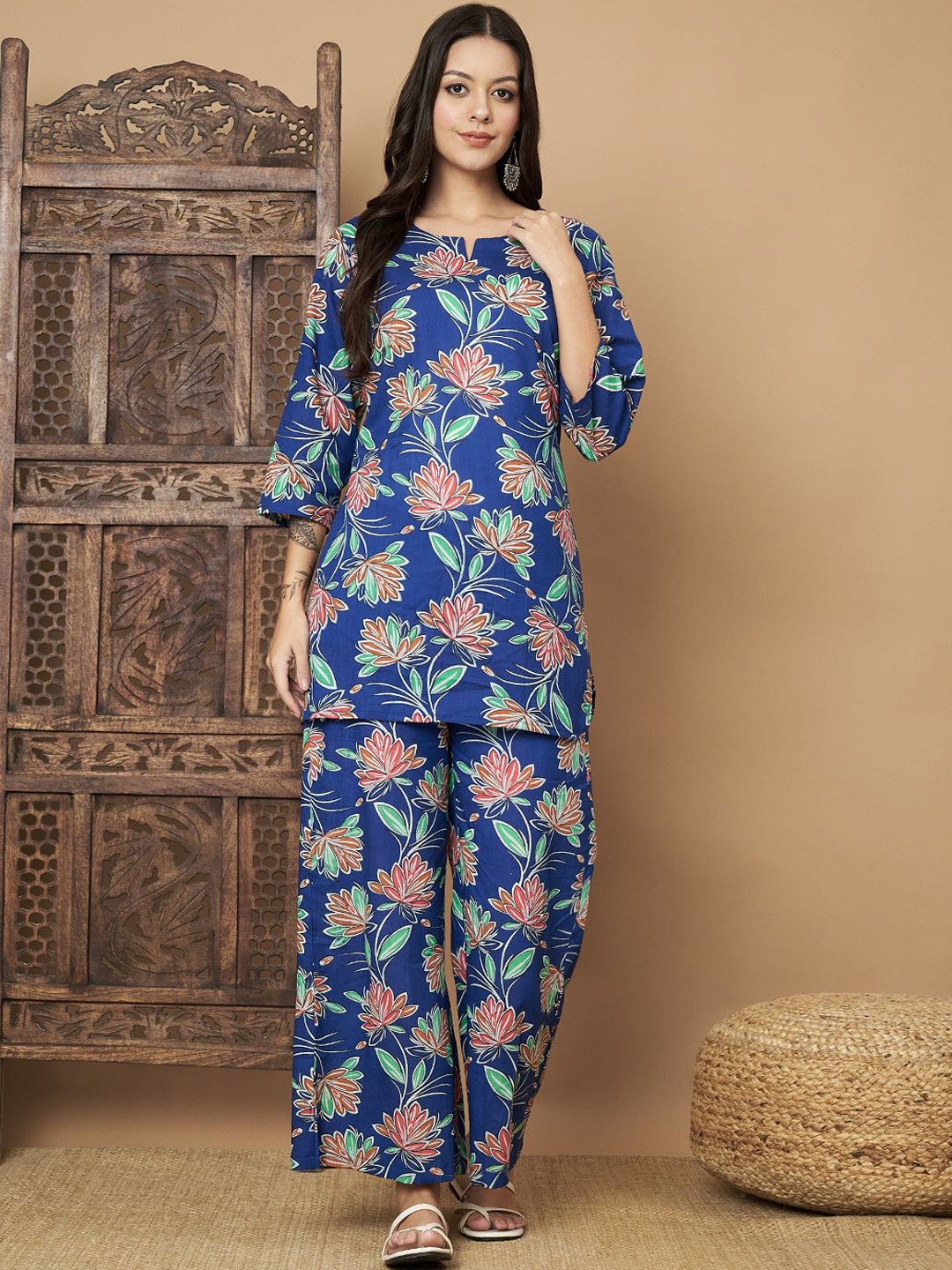 

KALINI Printed Pure Cotton Top With Trouser, Blue