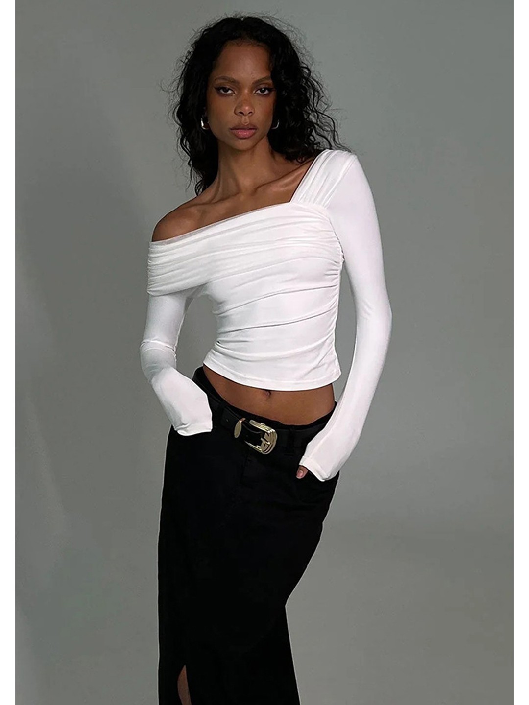 

LULU & SKY Women Solid One Shoulder Top, White
