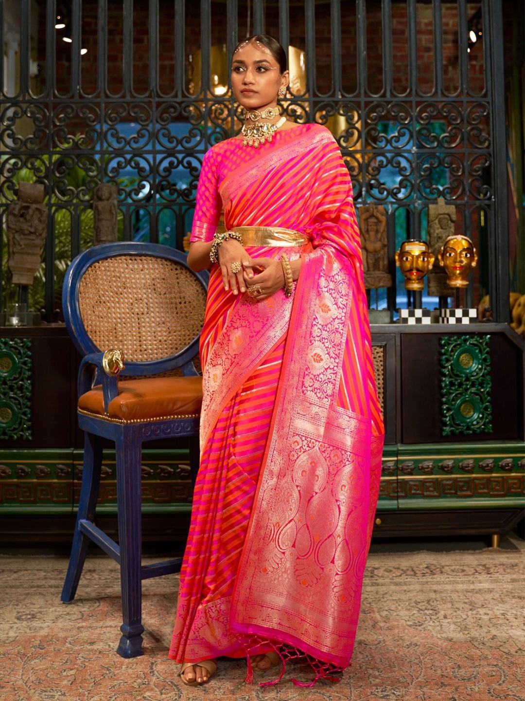 

ODETTE Woven Design Zari Saree With Blouse Piece, Pink
