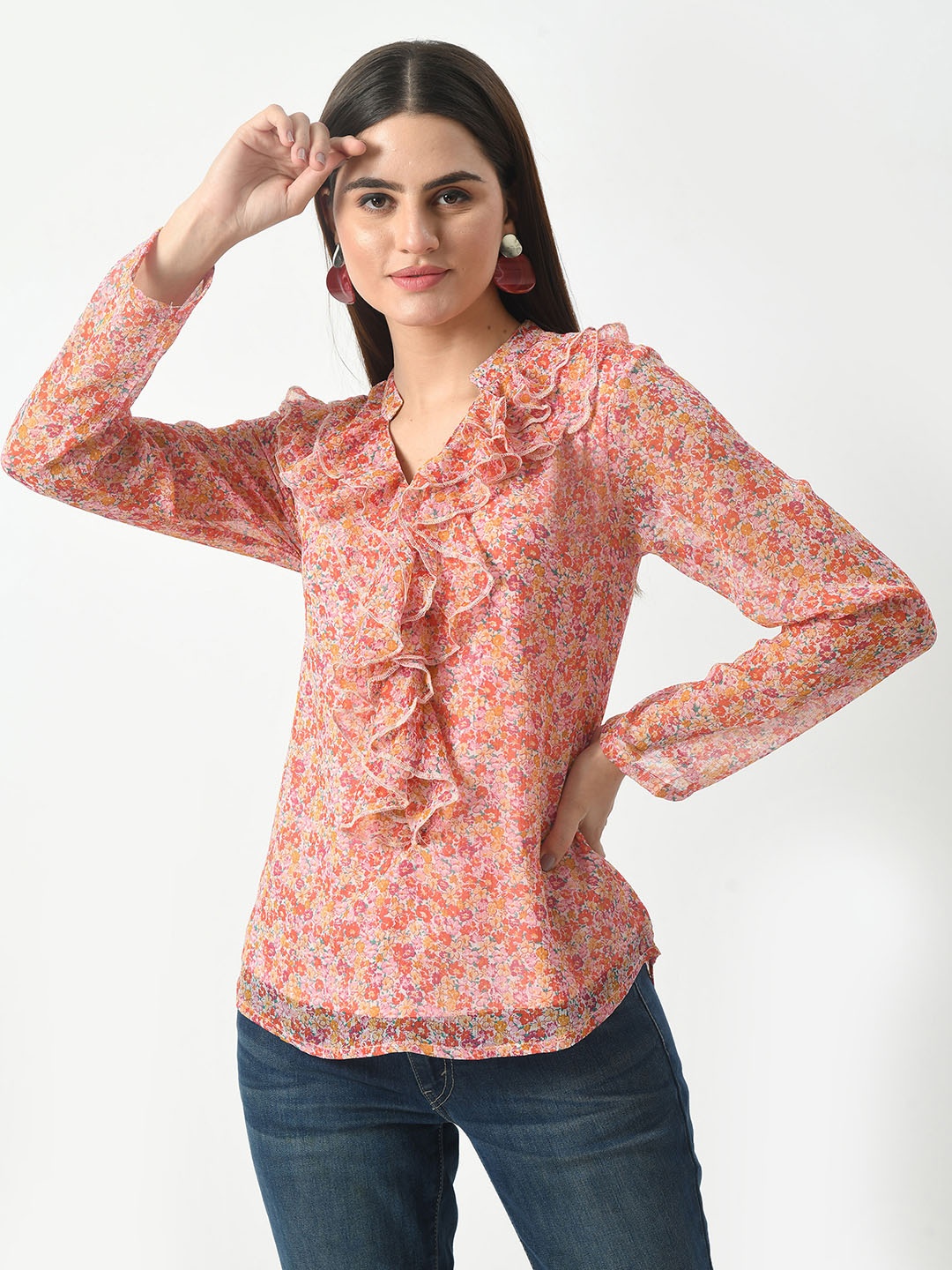 

Mast & Harbour Women Floral Printed Mandarin Collar Top, Peach