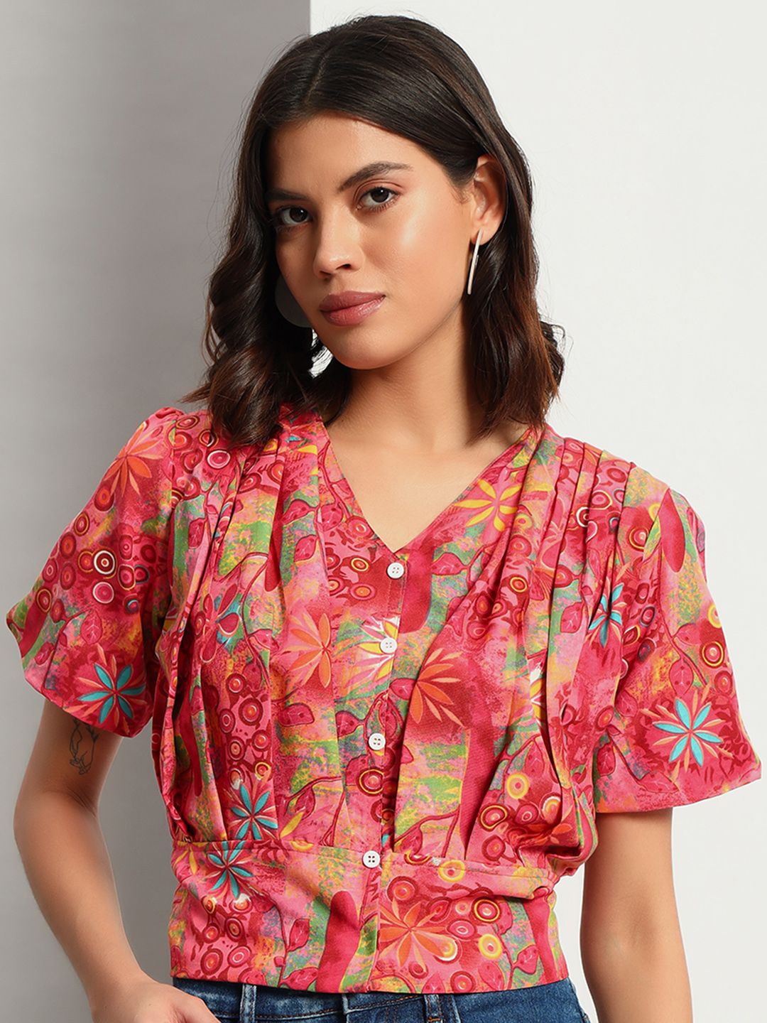 

ADDYVERO Women Floral Printed V-Neck Top, Red
