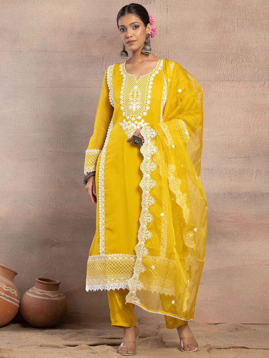 

INDYA Floral Embroidered Thread Work Pure Cotton Straight Kurta and Trouser With Dupatta, Yellow