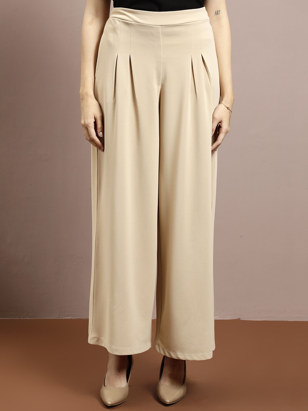

Athena Women Relaxed Straight Leg Loose Fit Easy Wash Wide Leg Trousers, Beige