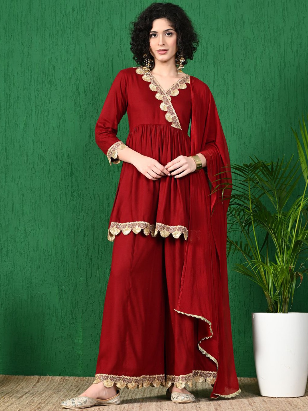 

Sangria Lace Detail V-Neck Pleated Anarkali Kurta With Trouser & Dupatta, Maroon