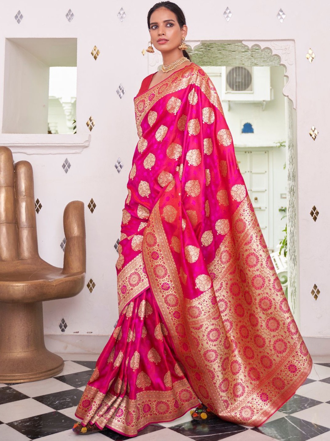 

ODETTE Woven Design Zari Satin Saree, Pink