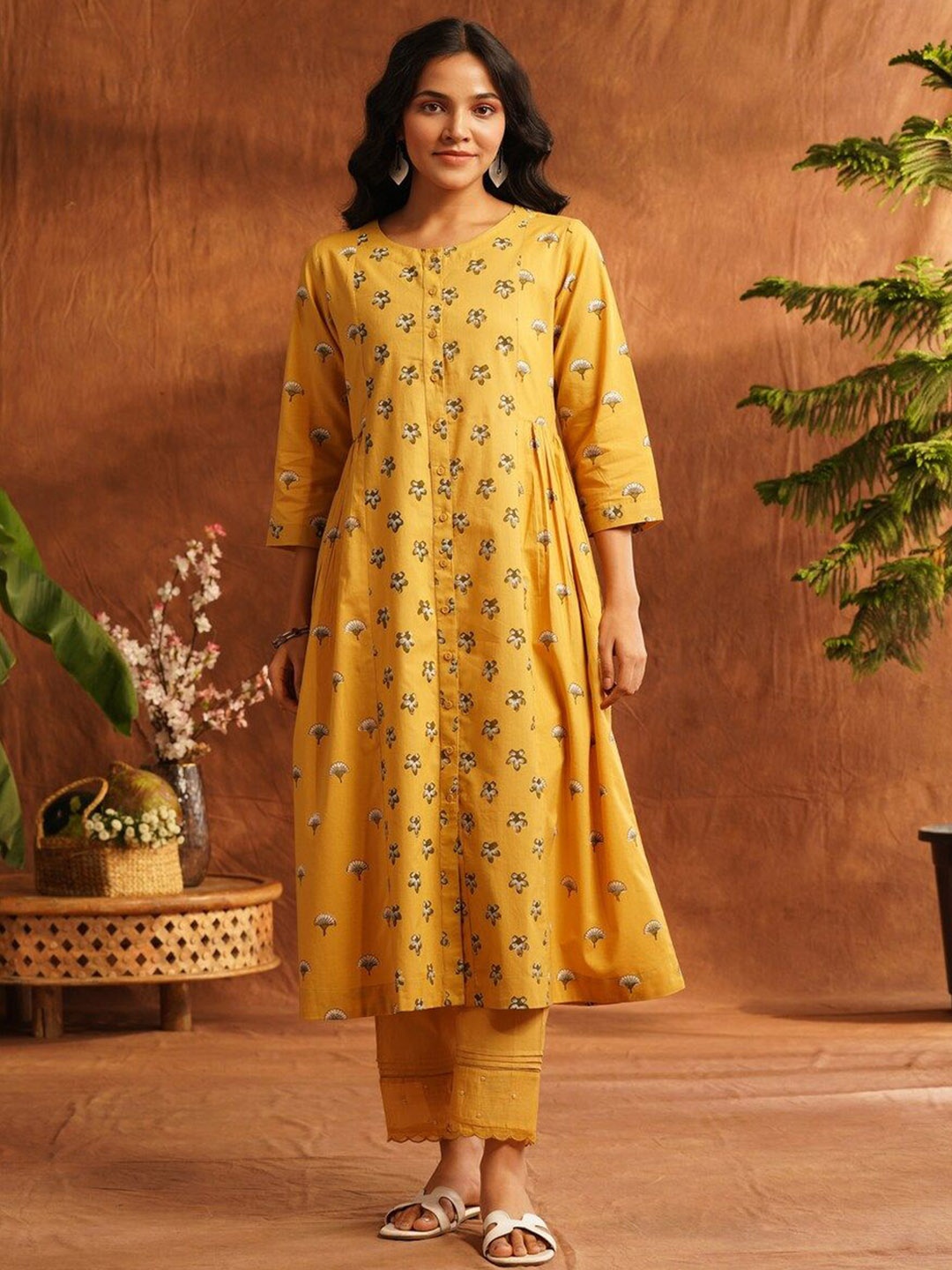 

JAYPORE Floral Printed Thread Work Layered Cotton A-Line Kurta, Yellow
