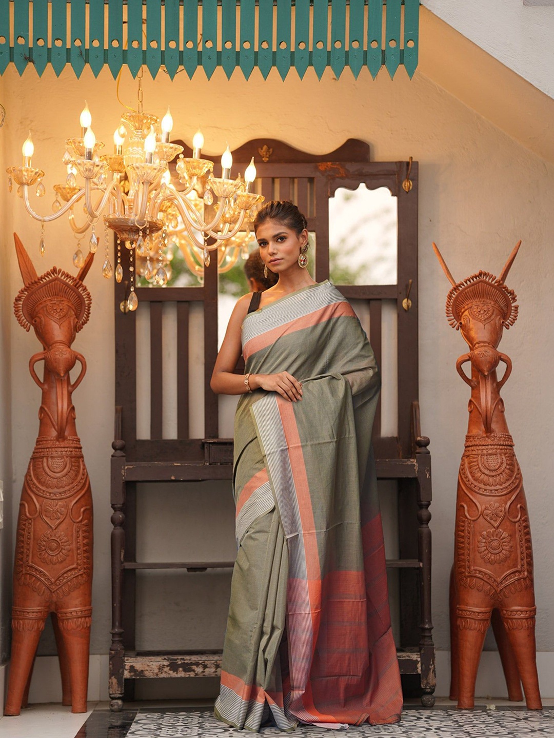 

Unnati Silks Pure Cotton Mangalagiri Saree, Olive