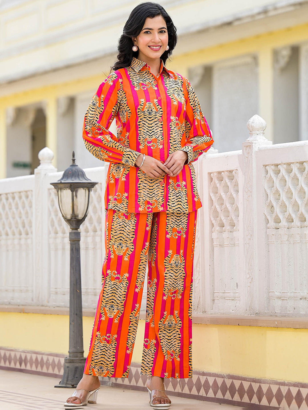

Jaipuri Adaah Printed Pure Cotton Shirt With Trousers, Orange