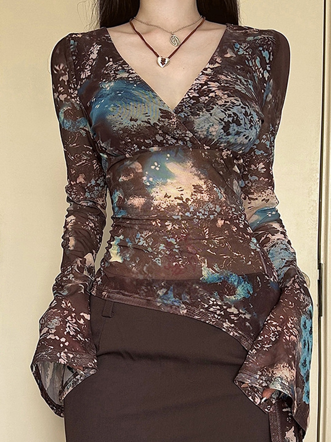 

LULU & SKY Women Floral Printed V-Neck Top, Brown