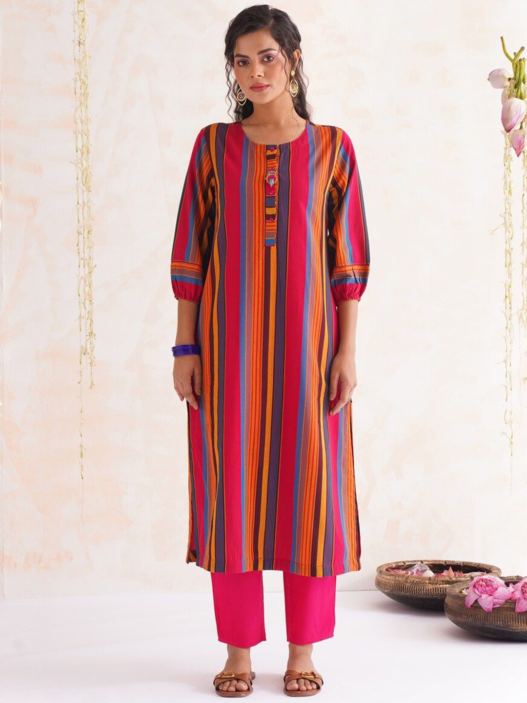 

JAYPORE Striped Printed Round Neck Pure Cotton Straight Kurta, Red