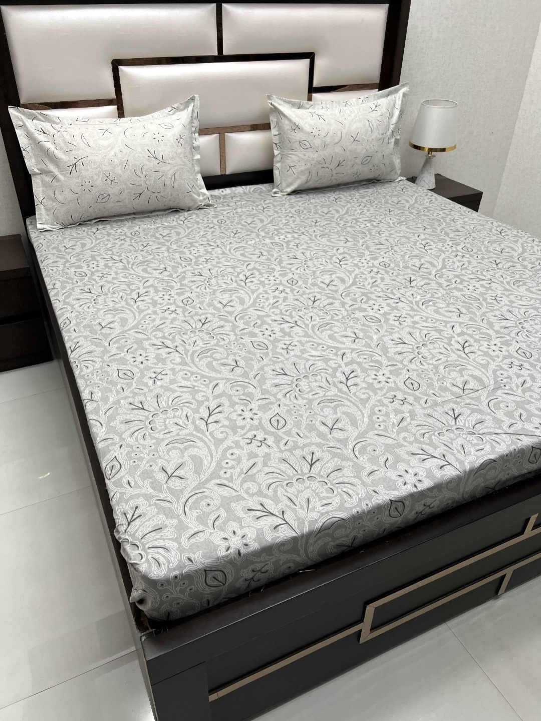 

Pure Decor Llifestyle Grey Floral Printed Cotton 300TC King Bedsheet & 2 Pillow Covers