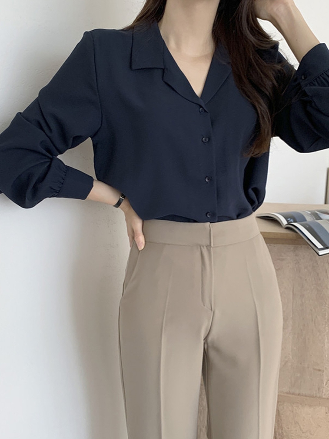 

LULU & SKY Women Solid Shirt Collar Top, Navy blue