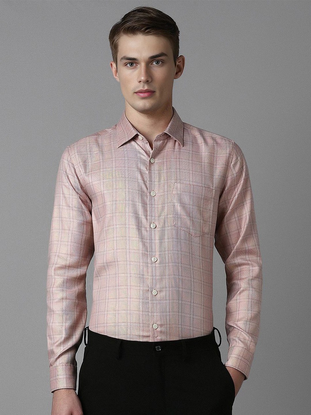 

Louis Philippe Men Spread Collar Checked Cotton Slim Fit Formal Shirt, Maroon