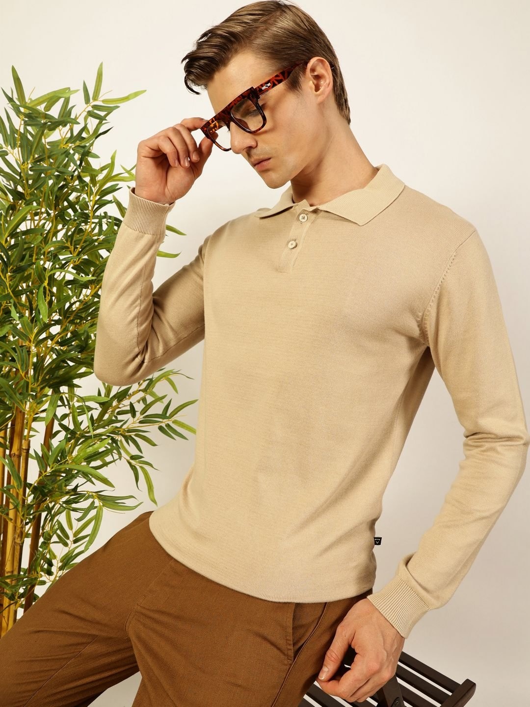 

Thomas Scott Men Knit Solid Polo Collar Cotton T-shirt, Beige