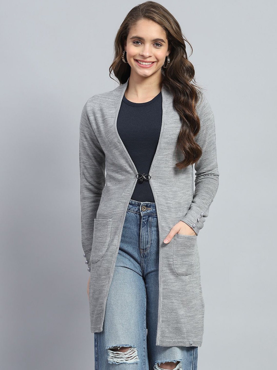 

Monte Carlo Women Ribbed Woollen Longline Front-Open Sweater, Grey