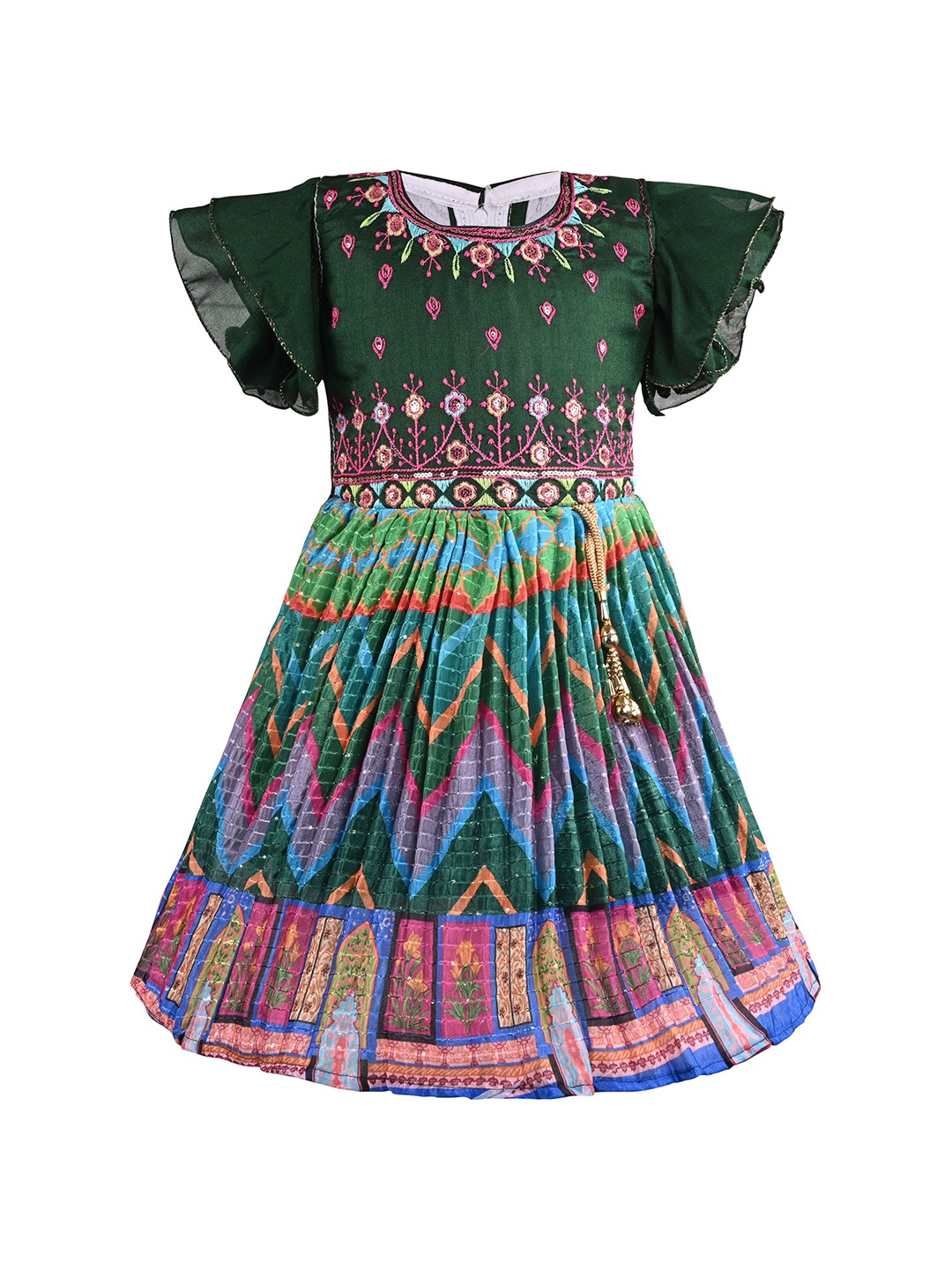 

Wish Karo Girls Abstract Printed Embroidered Fit & Flare Dress, Green
