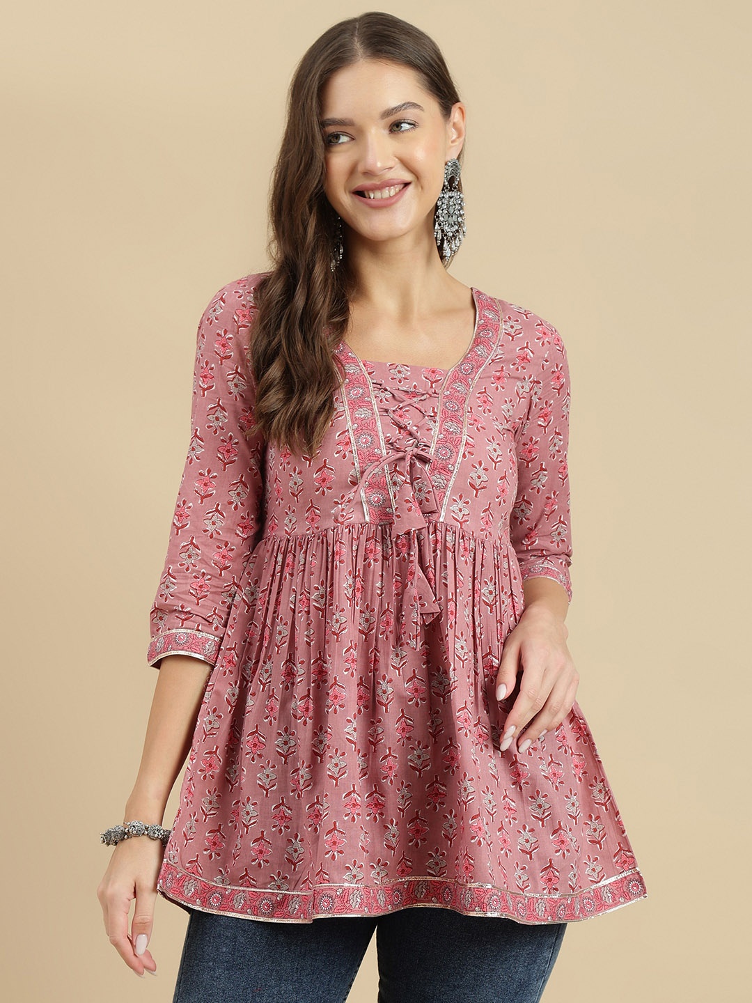

JANAKDULARI CREATION Women Floral Printed Round Neck Cotton Top, Peach