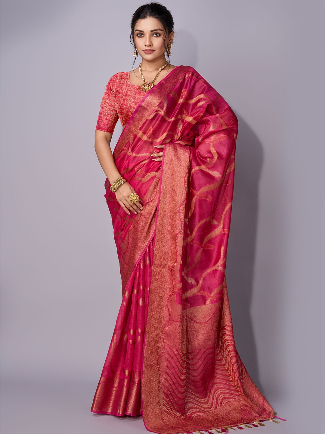 

KALINI Zari Organza Saree, Pink