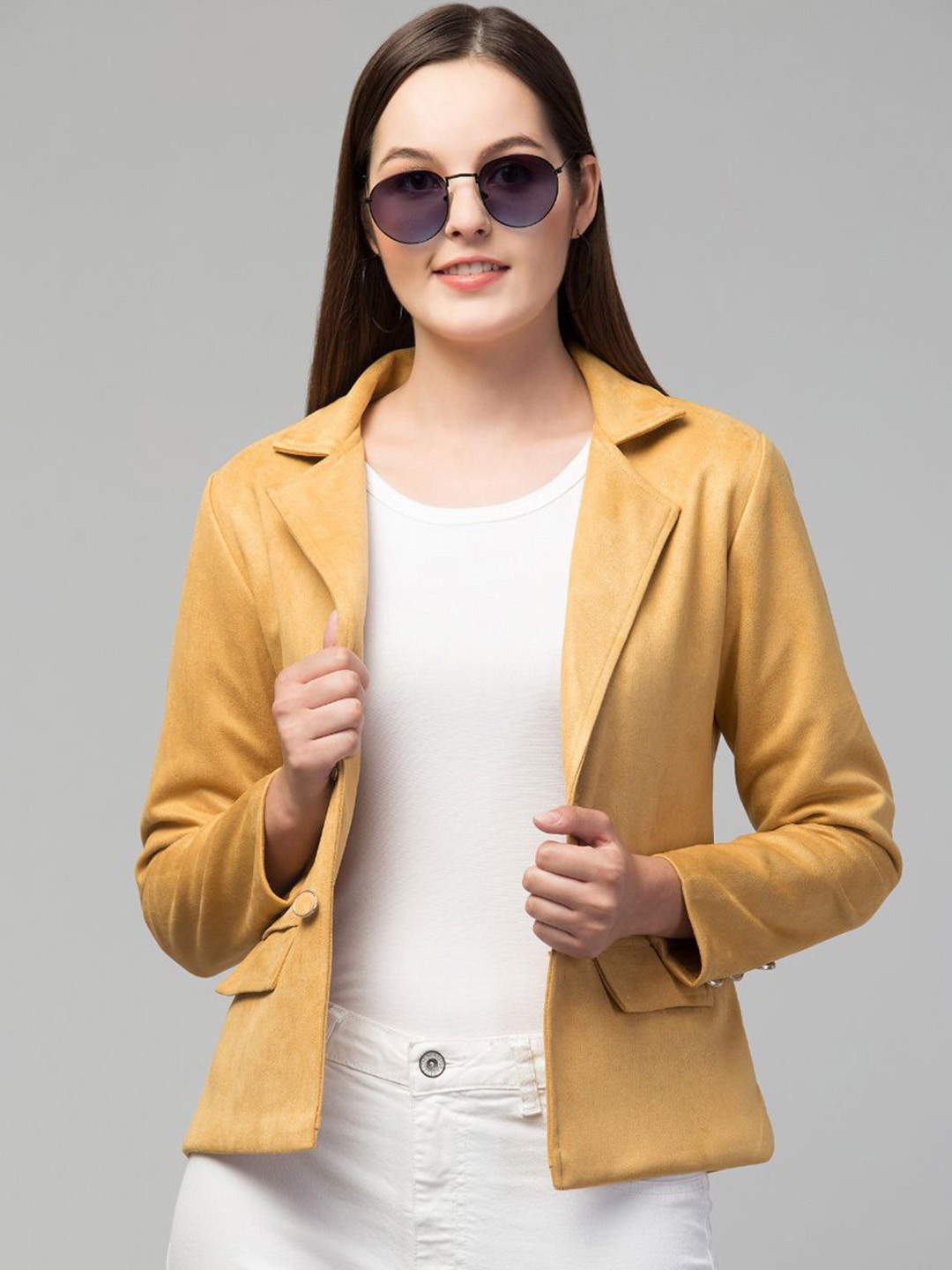 

GalaxyTrendz Notched Lapel Collar Single Breasted Velvet Comfort-Fit Casual Blazer, Mustard