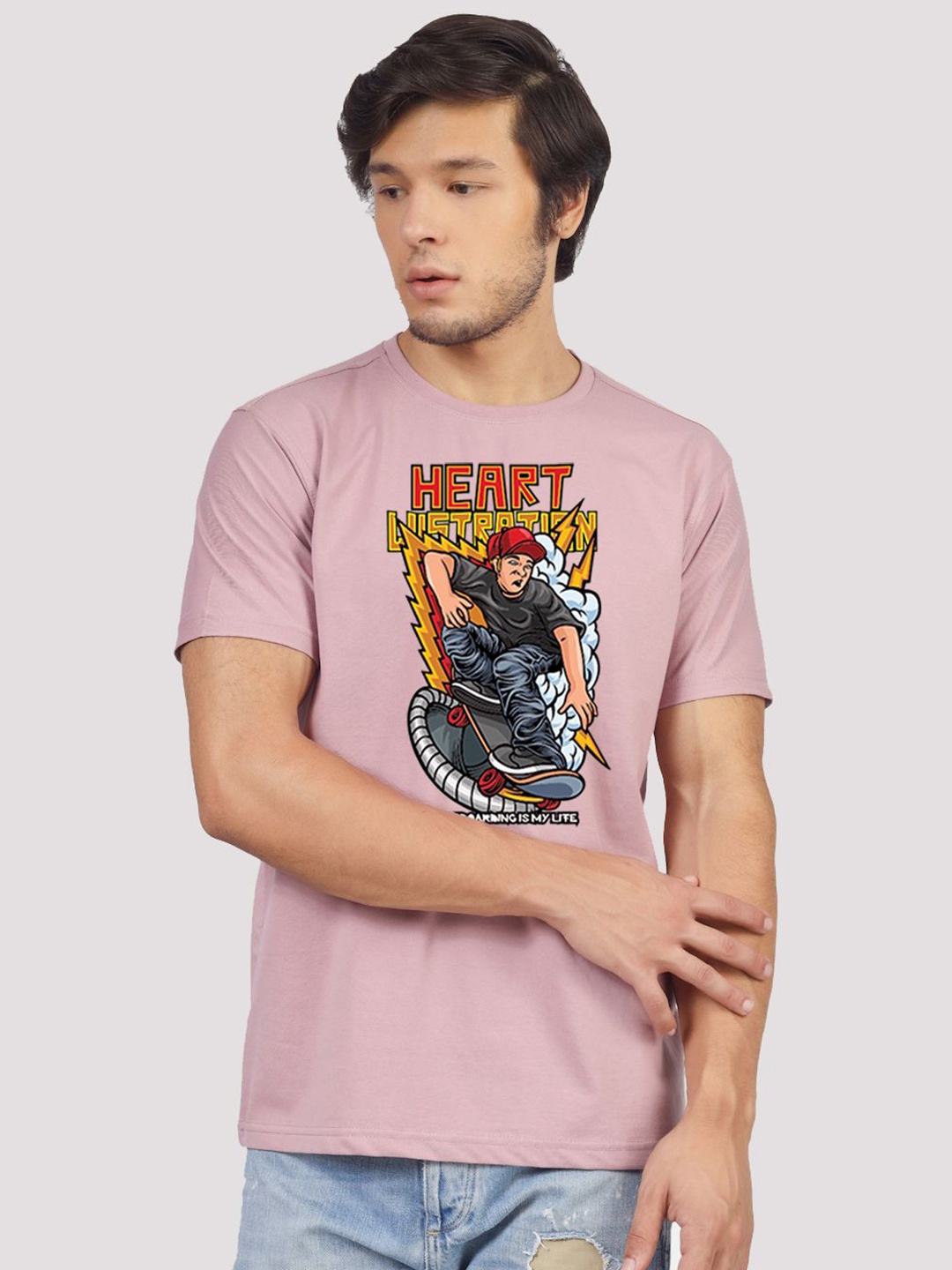 

Greylongg Men Graphic Printed Round Neck Cotton T-shirt, Mauve