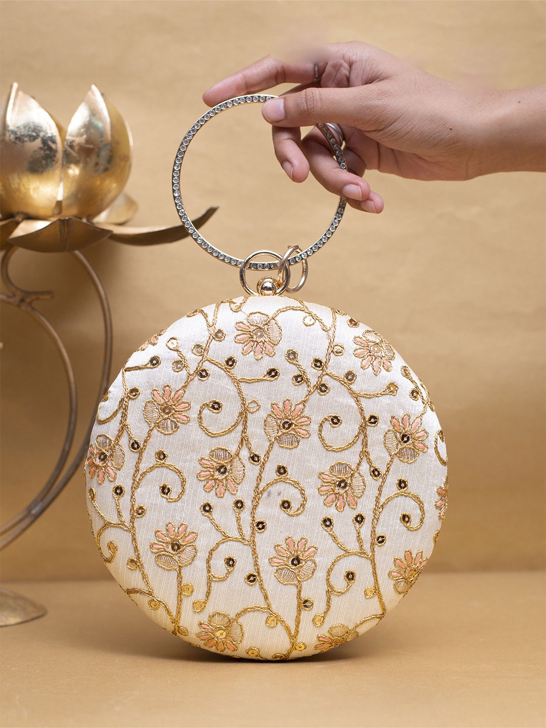 

ARTKLIM Floral Embroidered Box Clutch, Off white