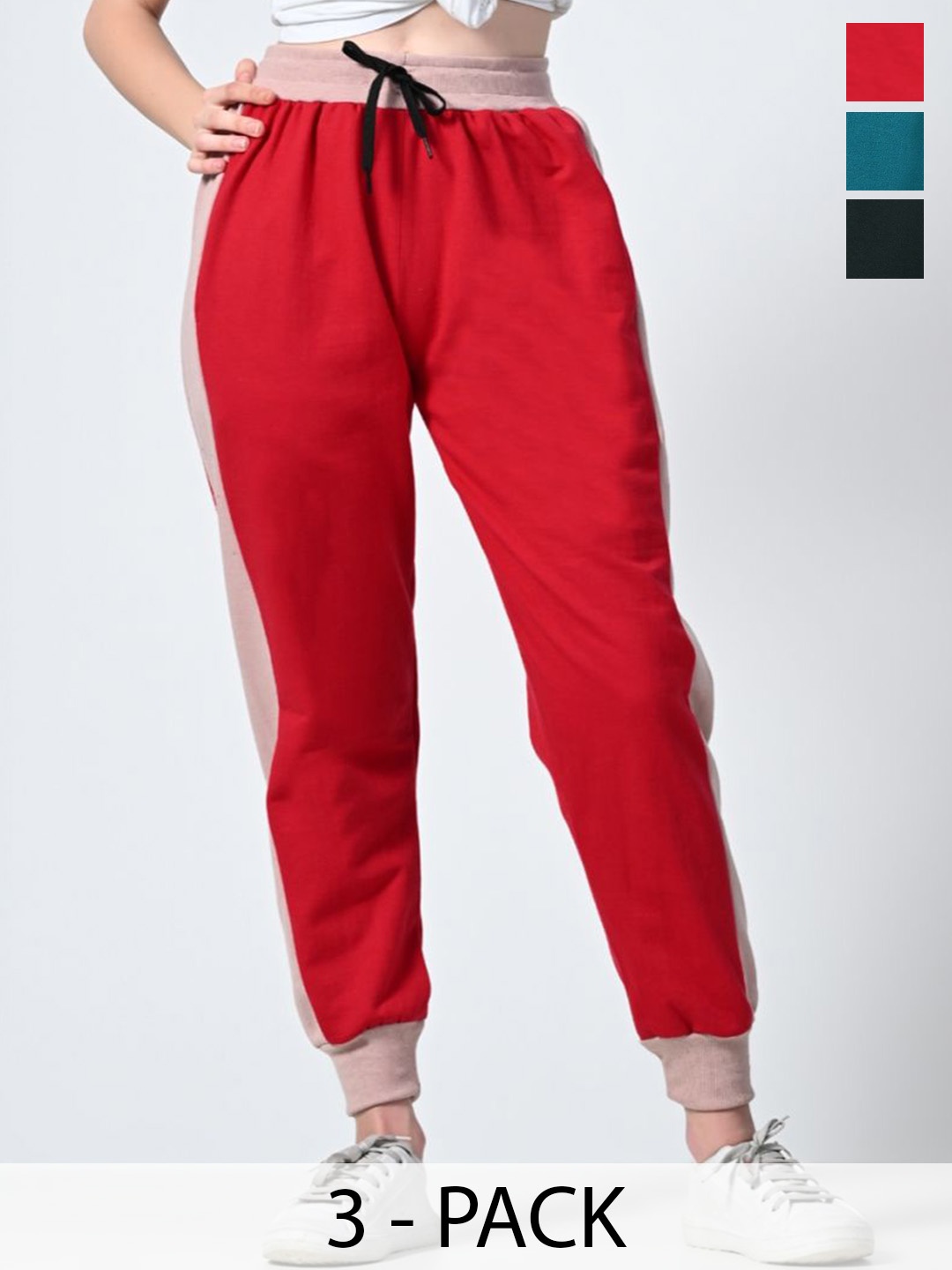 

BAESD Pack Of 3 Colourblocked Mid- Rise Joggers, Red