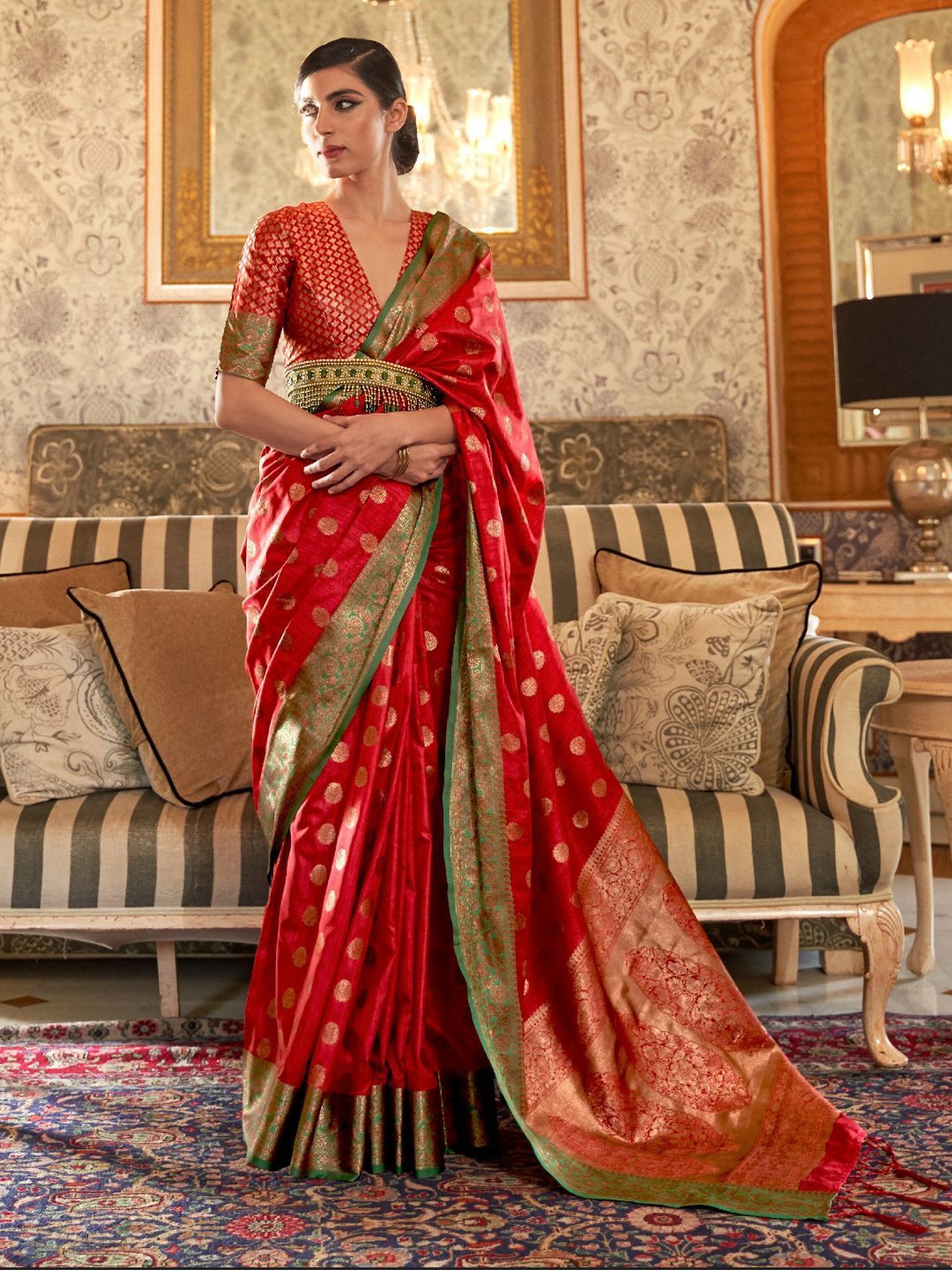 

ODETTE Woven Design Zari Saree, Red