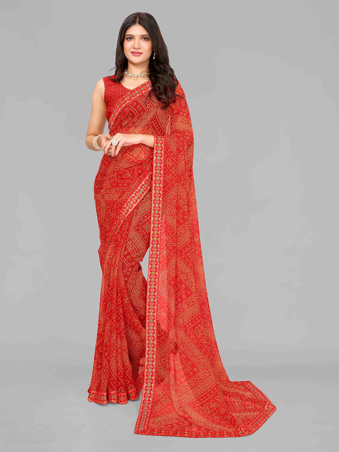 

saretramall Bandhani Pure Georgette Bandhani Saree, Red