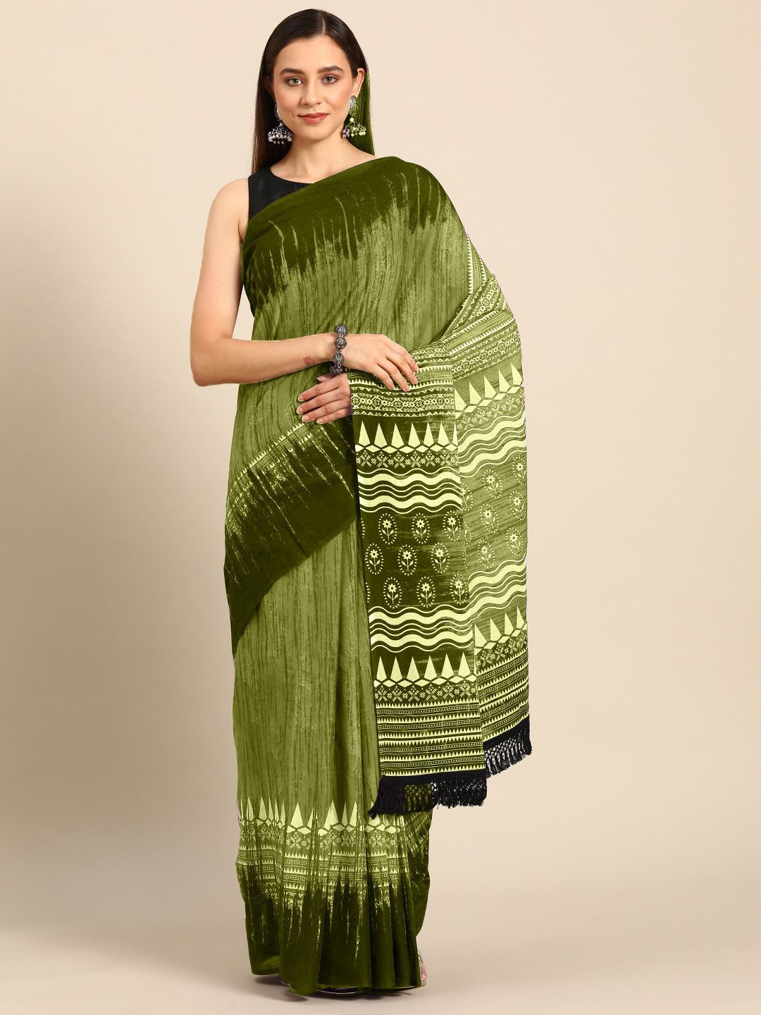 

BUTA BUTI Ethnic Motifs Printed Pure Cotton Saree, Olive