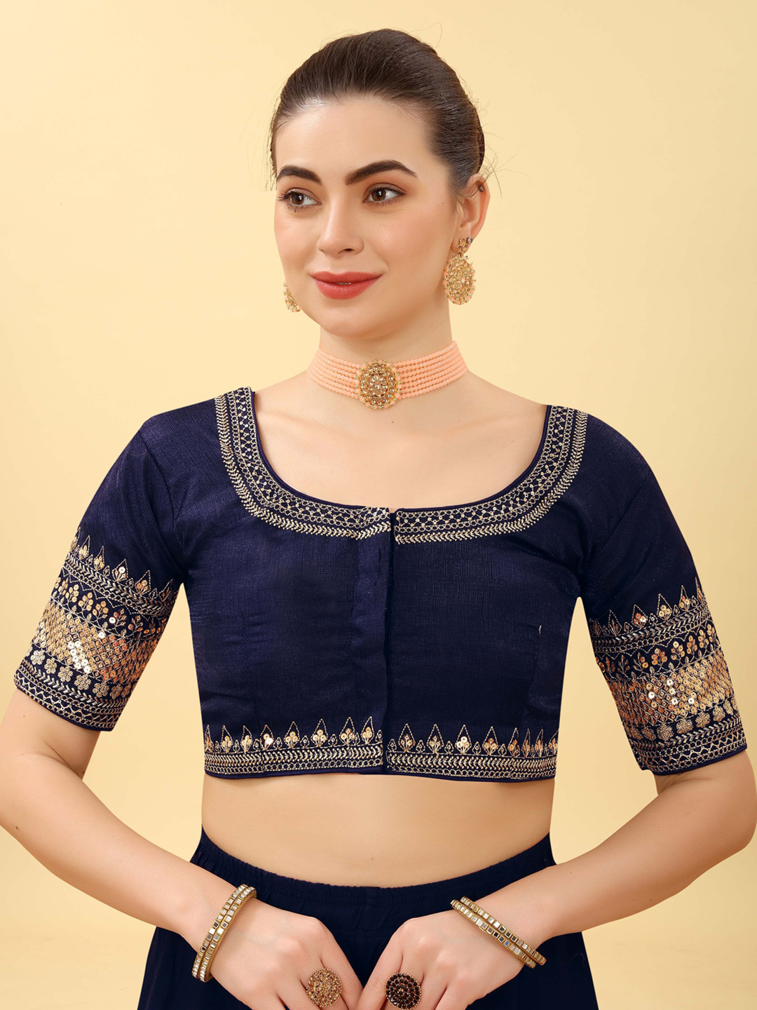 

Krimmple Women Embroidered Sequined Saree Blouse, Navy blue