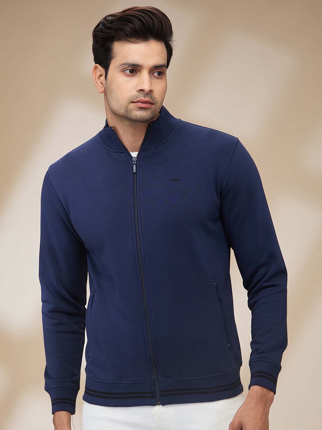 

ColorPlus Men Solid Mock Collar Front-Open Sweatshirt, Navy blue