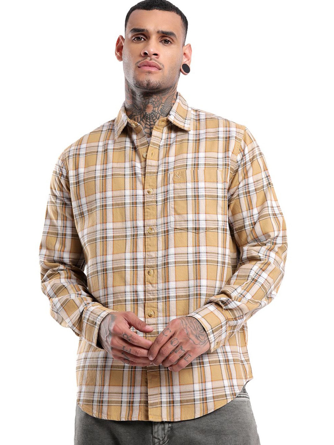 

WROGN Men Spread Collar Tartan Checked Cotton Casual Shirt, Beige