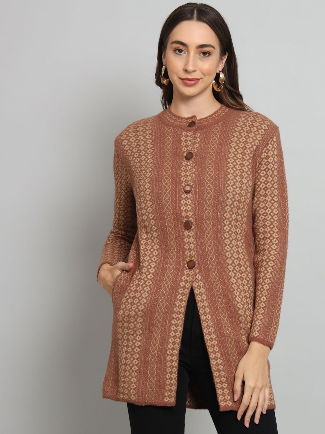 

Chemistry Women Cable Knit Woollen Longline Cardigan, Brown